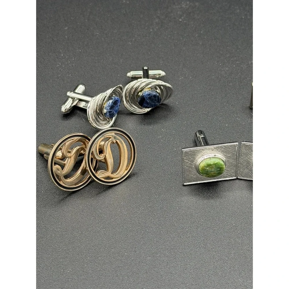 Vintage Cufflinks Lot of 5 Pairs Silver Tone Textured Stone Modern Retro Styles